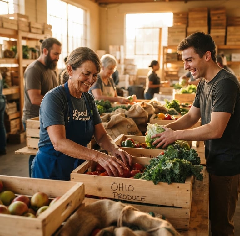A warm editorial photograph of Ohio volunteers packing fresh local produce into crates in a sunlit community warehouse, natural golden-hour daylight, shallow depth of field, authentic candid moment.