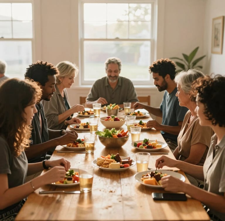 A warm editorial photograph of diverse neighbors sharing a meal around a long wooden table in a brightly lit community center, soft golden-hour sun streaming through windows, authentic candid moments.