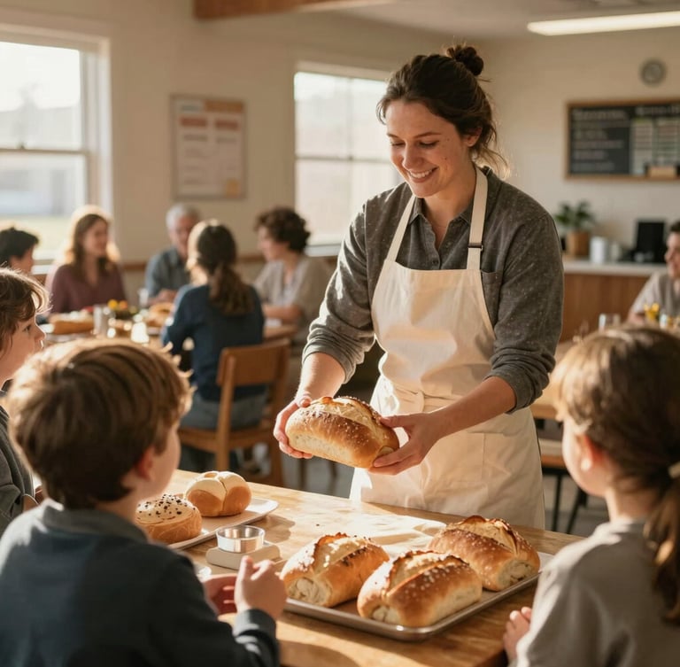 A smiling Ohio volunteer in a clean apron serving warm, fresh bread to a family in a brightly lit, cheerful community hall, golden-hour light.