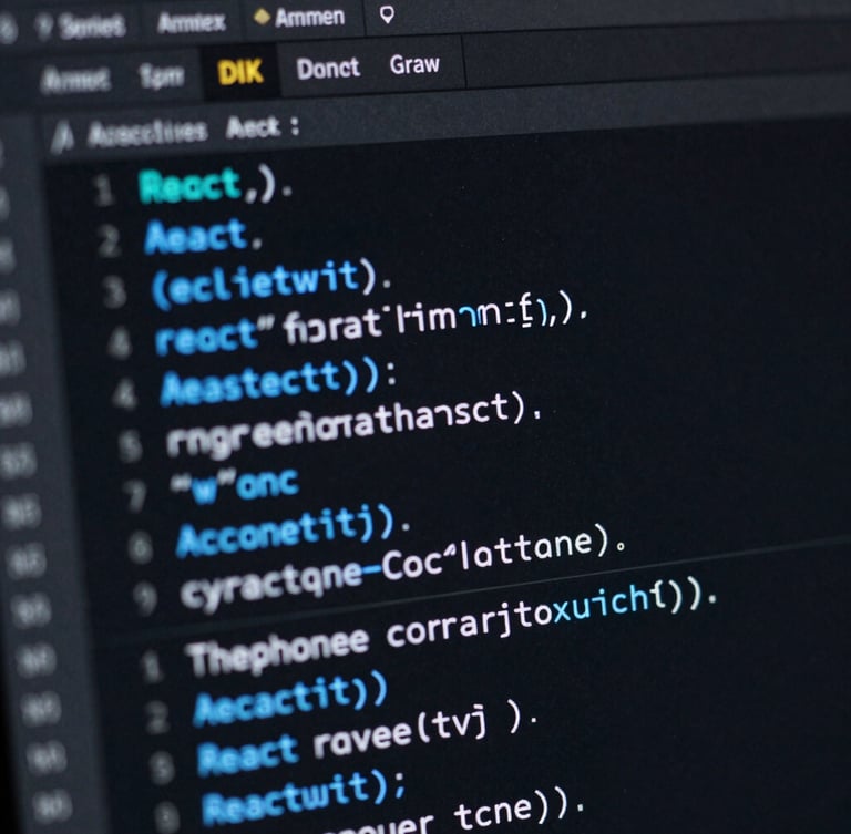 Extreme close-up of a high-contrast dark-mode IDE screen with clean, structured React code, glowing neon blue syntax highlighting, shallow depth of field, sharp focus, tech aesthetic.