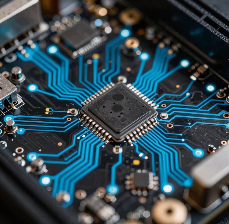 Extreme close-up macro shot of clean motherboard circuitry with glowing neon blue traces, dark obsidian background, sharp technical focus, high-end hardware engineering.