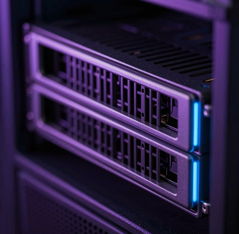 Extreme close-up macro shot of a sleek server rack with neon violet and electric blue edge lighting, deep obsidian background, high-fidelity technical aesthetic.