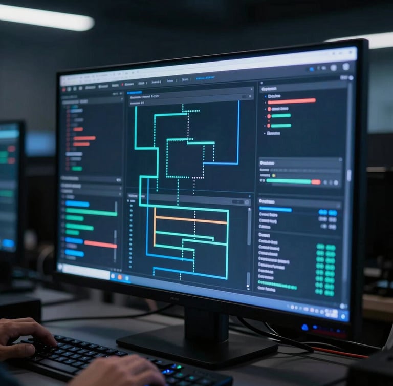 High-fidelity UI dashboard displaying real-time data flows and terminal interfaces, illuminated by sharp neon blue edge lighting in a dark command center environment.
