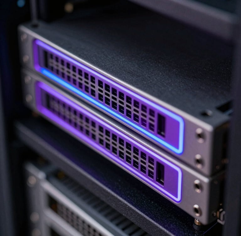 Macro shot of physical server blades with glowing violet and electric blue neon edge lighting, dark cybernetic server room, shallow depth of field.
