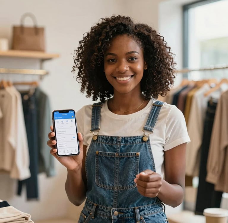 Crisp medium shot of a modern African female boutique owner in a brightly lit clothing shop, smiling and holding her smartphone displaying a clean dashboard, warm natural lighting, soft background focus