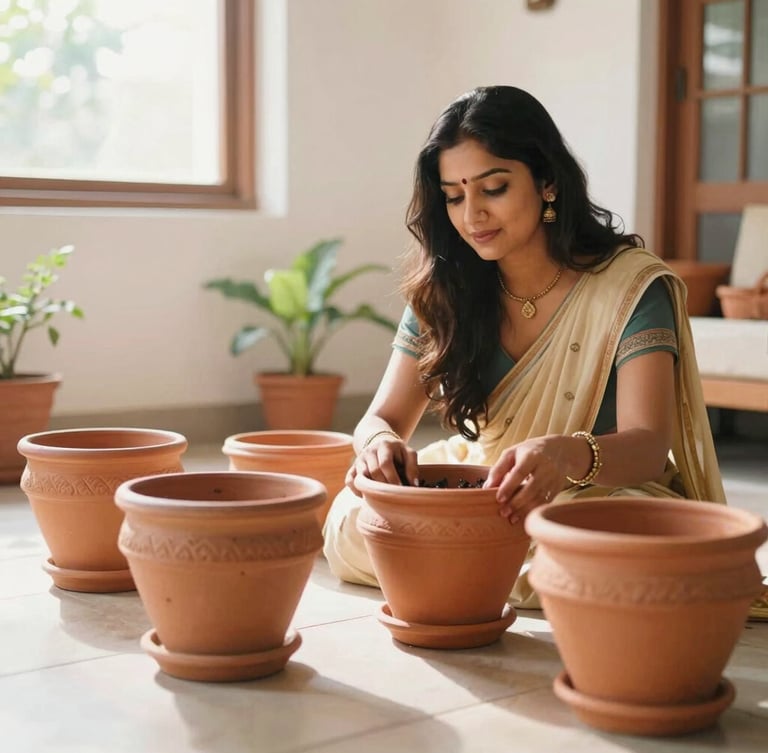 A warm, authentic portrait of Preeti arranging terracotta planters in a bright, sunlit Indian home, soft natural daylight, 35mm lens.