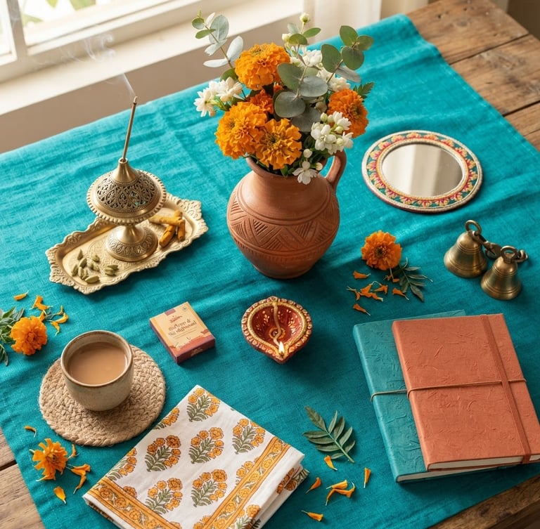 Overhead flat lay of modern Indian home decor, terracotta pottery, elegant brass incense holder, vibrant teal linen fabric, warm natural daylight, 35mm lens