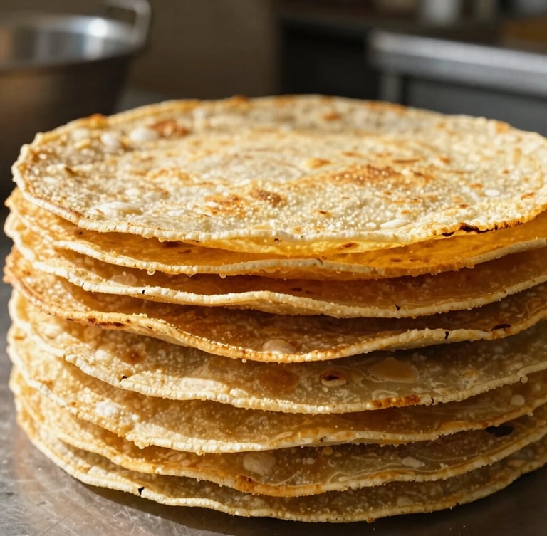 Close-up of golden nixtamalized corn tortillas stacked neatly in an industrial kitchen, warm side-lit daylight highlighting the textured edges and zero cracking.