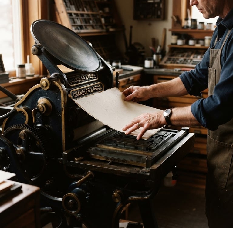 Portrait of a vintage printing press in operation, hands carefully feeding heavy archival paper, warm low-contrast side-lighting, rich textures, deep navy and antique gold tones, 35mm lens