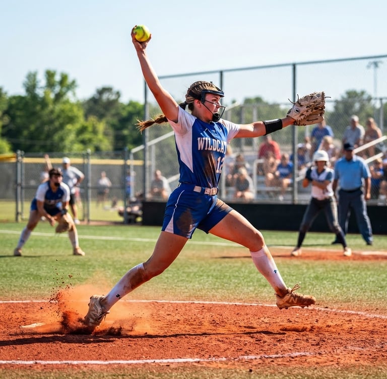 Low-angle action shot of a fastpitch softball pitcher in a dynamic windup under bright afternoon sunlight, red dirt flying, high-contrast saturated tones.