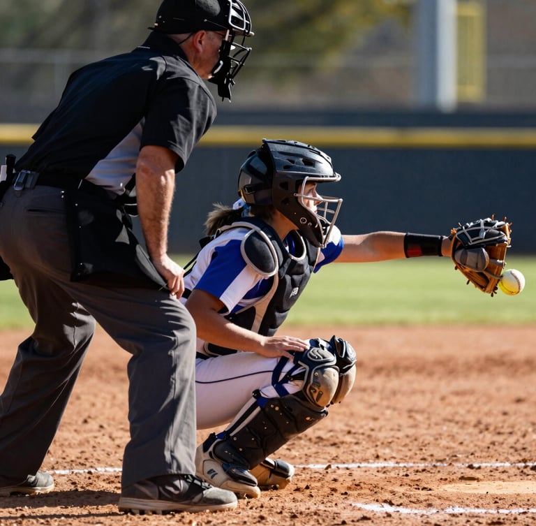 Dynamic close-up action shot of a young softball umpire behind the catcher, focusing intensely on the pitch, high-contrast afternoon sunlight, professional sports photography.