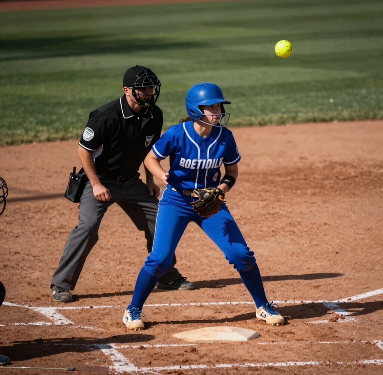 A youth softball umpire in a blue uniform making a confident strike call behind home plate, high-contrast afternoon sun, dramatic shadows