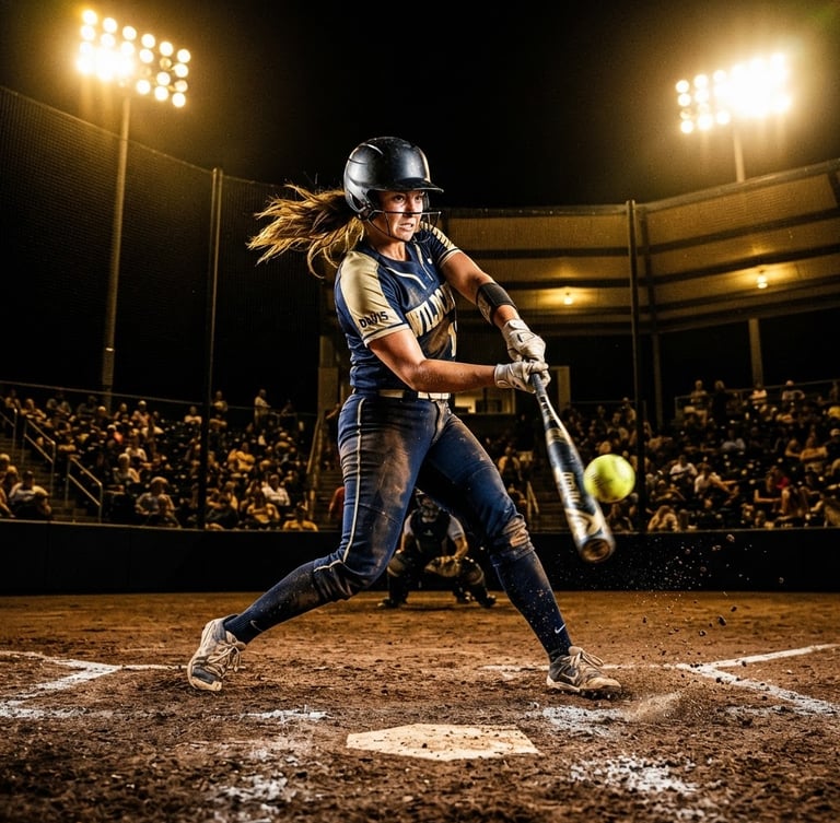 Low-angle dynamic action shot of a fastpitch softball player mid-swing under crisp stadium floodlights, dark atmospheric background, high-contrast saturated gold tones