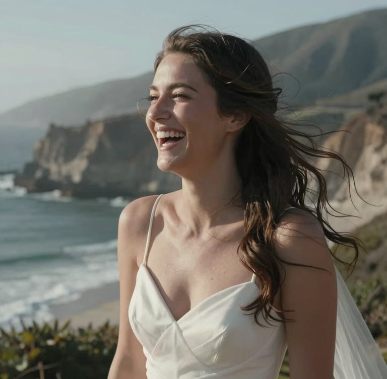 Cinematic medium shot of a bride with wind-blown hair laughing candidly, desaturated cool tones, high-contrast natural light, coastal cliffs of Big Sur blurred in the background.