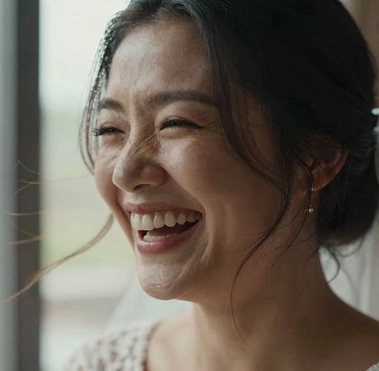 Intimate close-up of a bride laughing, wind-blown hair across her face, grain texture, natural window light, candid documentary style.