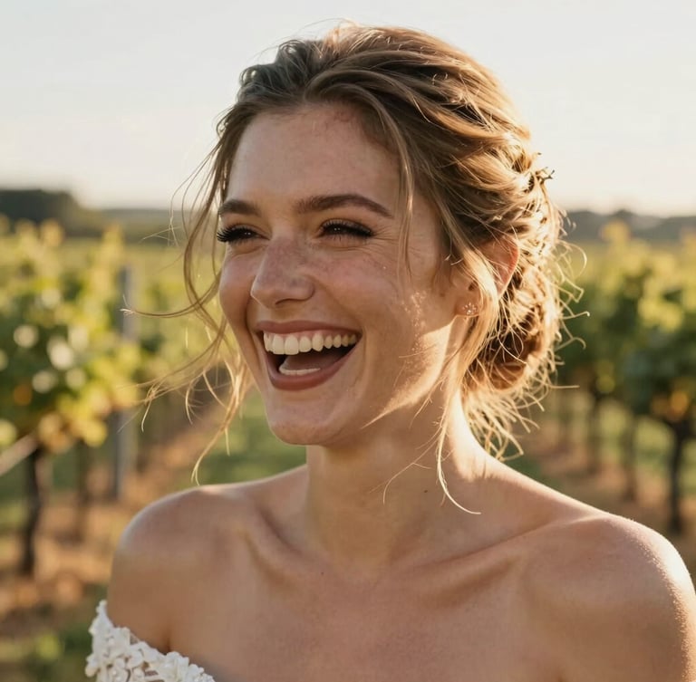 Intimate close-up portrait of a bride laughing with wind-blown hair, warm golden sunlight catching her face, high-contrast natural lighting, soft-focus vineyard lines in the background