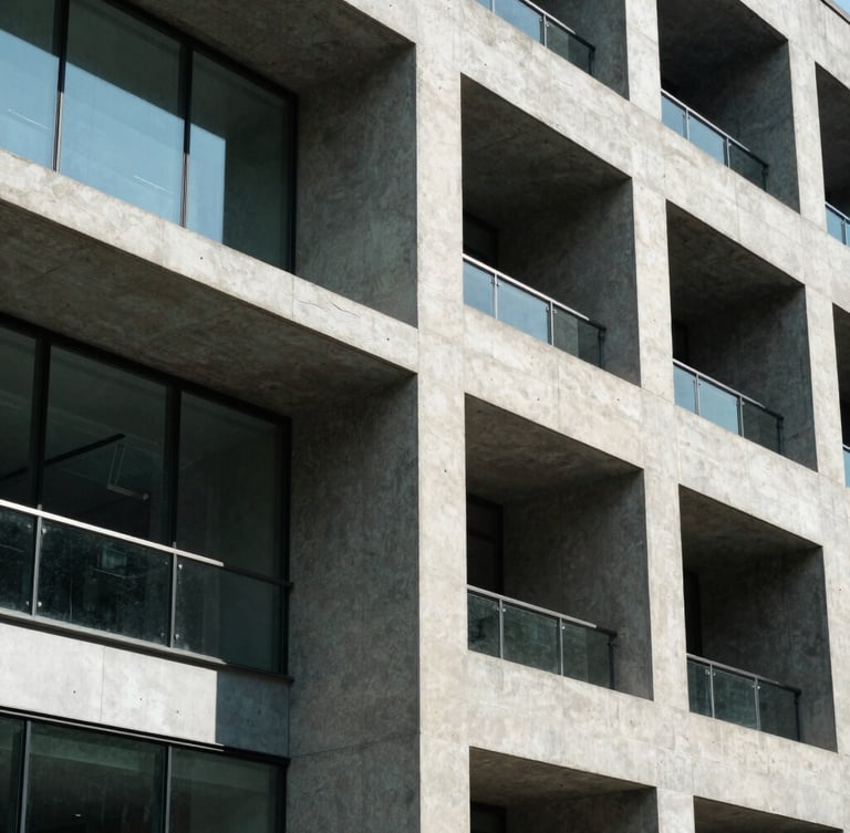 Geometric close-up of a modern concrete facade with glass panels, sharp architectural shadows, bright natural daylight, high contrast, 35mm