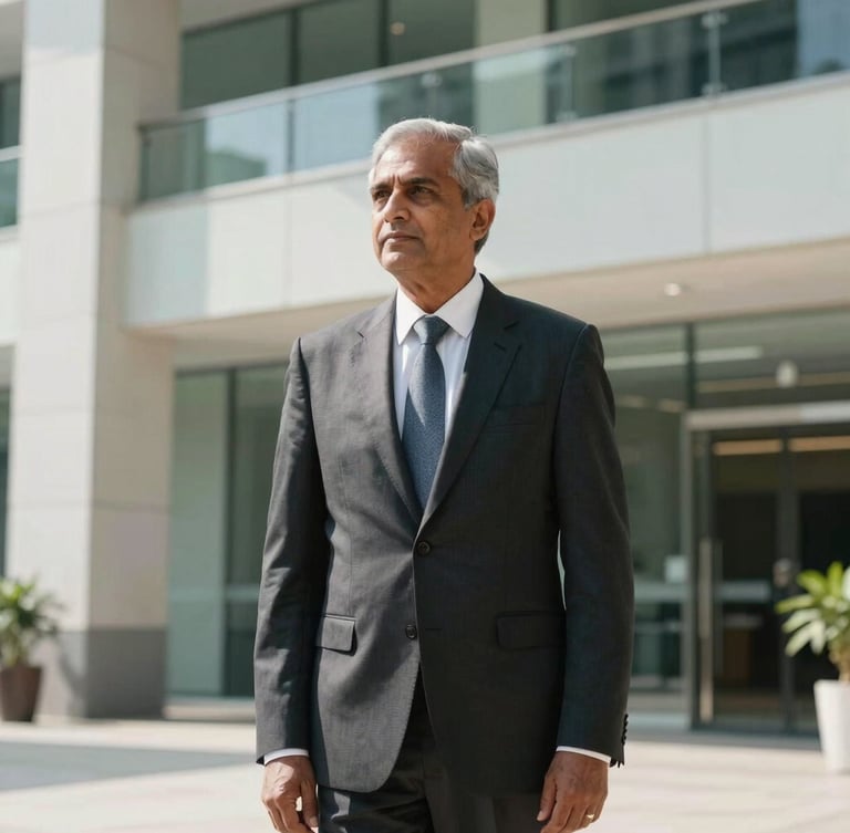 A high-contrast professional portrait of a senior South Asian executive in a dark tailored suit, looking off-camera, bright natural daylight, clean architectural lines of a modern office lobby in the background, 35mm