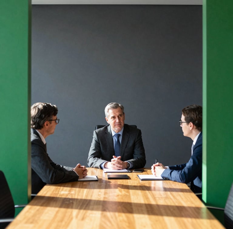 Candid leadership discussion around a wooden boardroom table, natural daylight, high contrast, architectural framing
