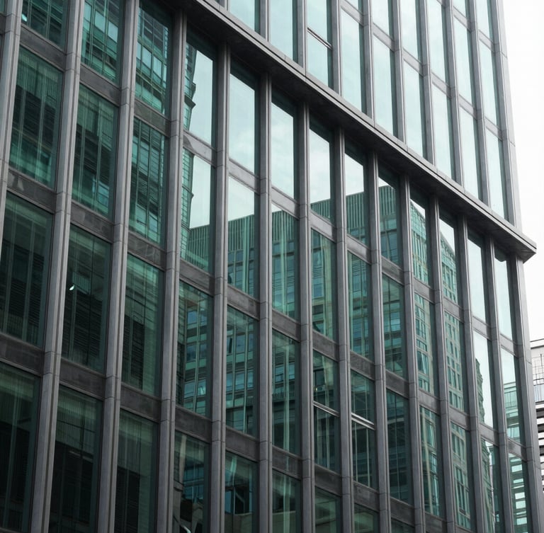 Sharp architectural framing of a modern financial district building facade, high-contrast green glass reflections, bright daylight, 35mm