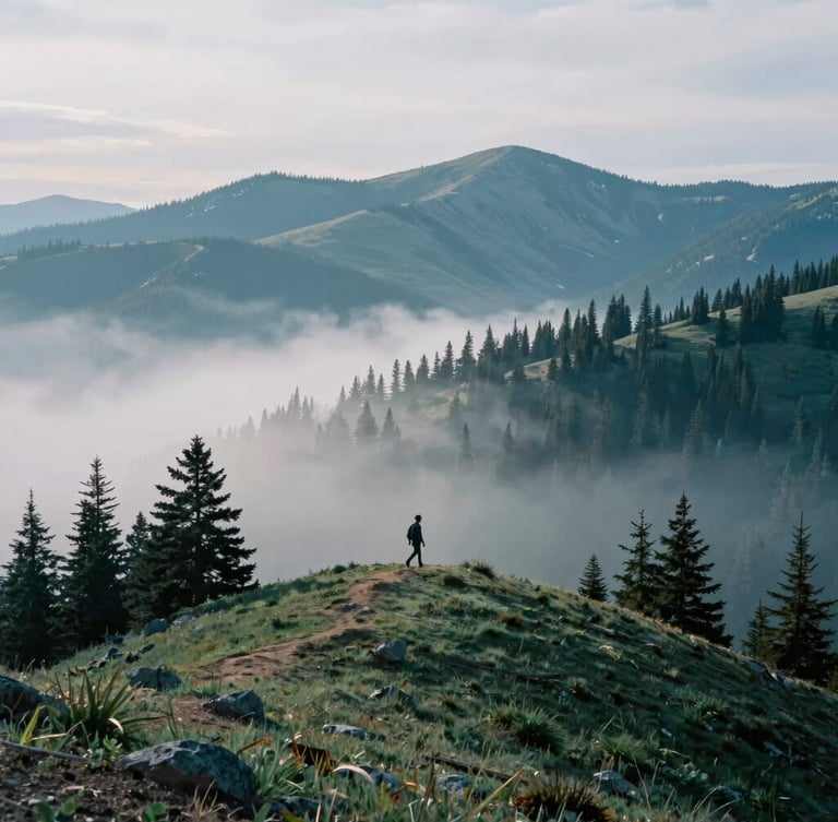 Wide environmental landscape of the San Juan Mountains in Colorado with a single figure walking along a ridge, mist-shrouded pine forests, cool overcast daylight, 35mm photography.