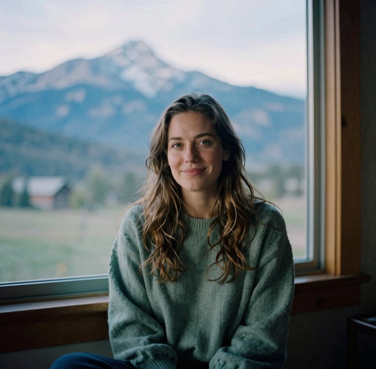 Authentic portrait of Sara Eden, a woman with a warm and genuine expression, sitting in her Colorado home, soft morning mountain light filtering through a window, cool mountain blues and sage greens, 35mm photography.