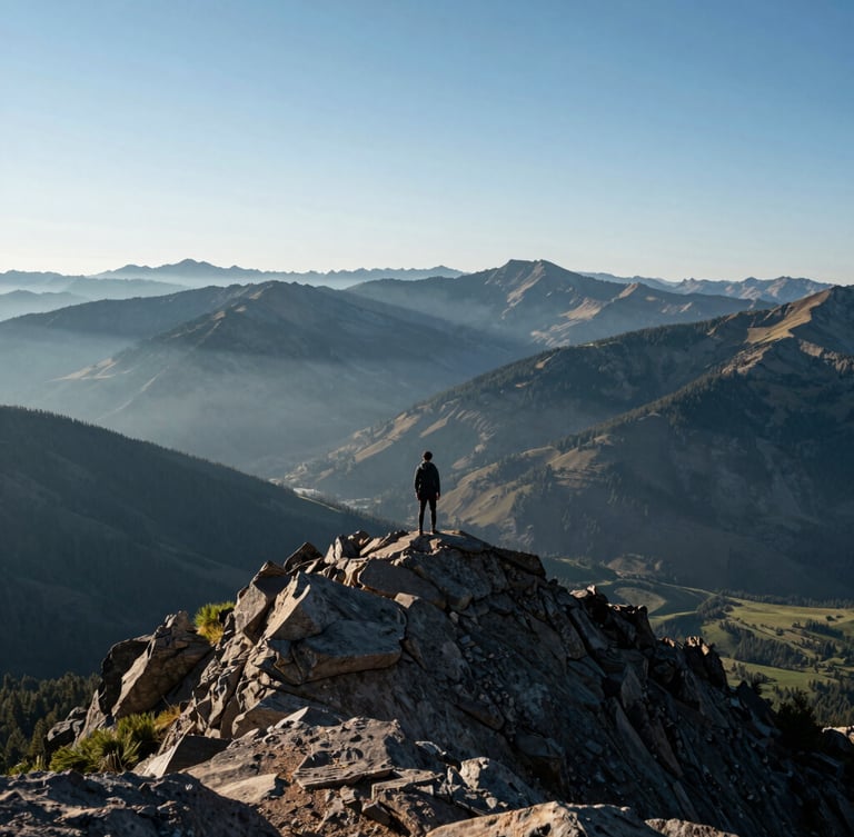 Cool editorial photography of a single figure standing on a rugged Colorado mountain peak at sunrise, soft morning light, deep blue and sage mist-shrouded valley below, 35mm.