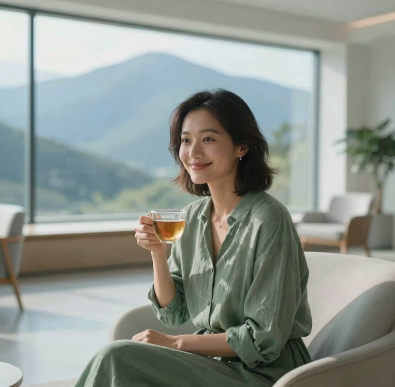 Cool editorial portrait of a woman with a warm, genuine expression, sitting in a bright, modern sanctuary-like room with a cup of tea, soft morning light, 35mm.