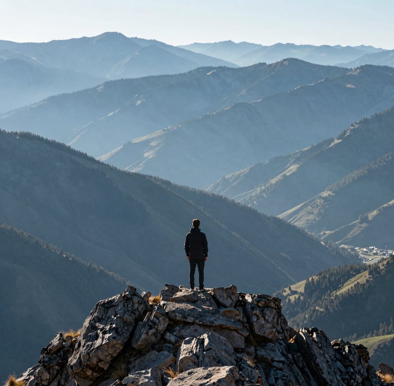 A lone figure standing on a rocky ridge in Montrose Colorado, looking out over misty blue mountain peaks, cool morning light, 35mm