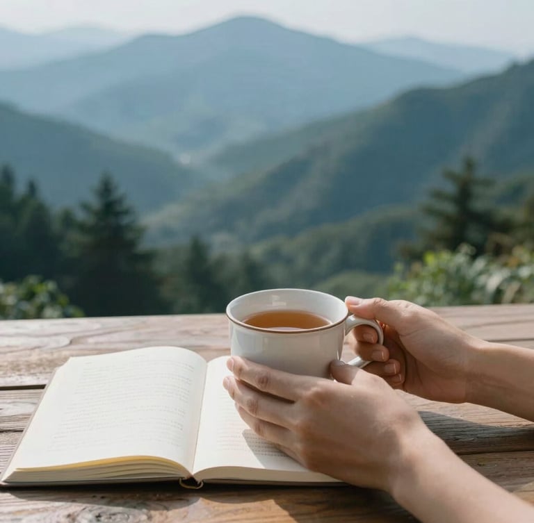 Hands holding a ceramic mug of warm tea over an open journal on a wooden table, soft morning light filtering through forest trees, 35mm
