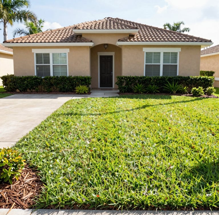 Bright sun-drenched front yard of a Lakewood Ranch home, perfectly striped green grass, crisp mulch borders, neatly trimmed hedges under morning light, 35mm
