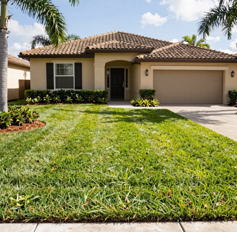Wide shot of a perfectly manicured Lakewood Ranch front yard, crisp green striped lawn, neat mulch borders, bright Florida morning light, 35mm