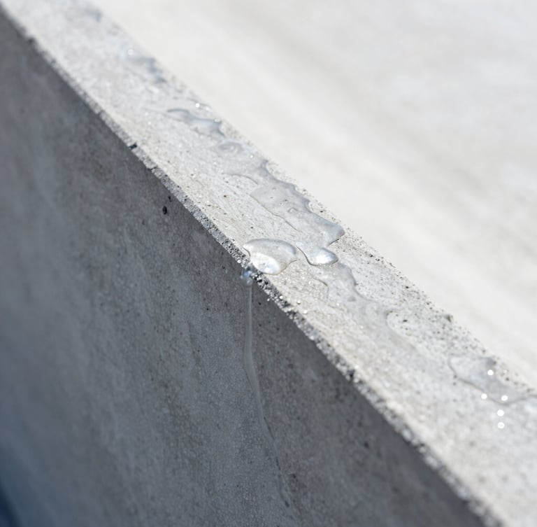 Extreme close-up macro shot of coated structural concrete shedding seawater, superhydrophilic water sheeting, bright direct daylight, high-contrast cool tones, industrial minimalism