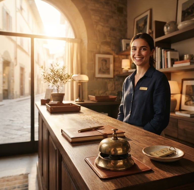 Editorial portrait photograph of a warm, sun-drenched boutique hotel reception desk, soft golden-hour light streaming through a large window, elegant wooden textures and a brass bell in the foreground, shallow depth of field