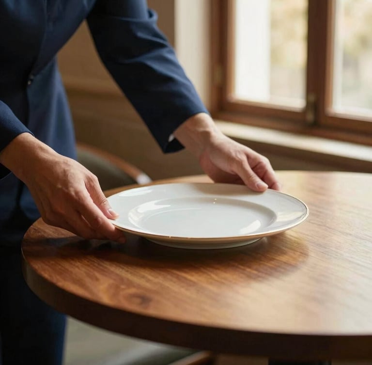 Medium editorial shot of hands carefully setting an elegant ceramic plate on a wooden restaurant table, soft side window light, warm tones