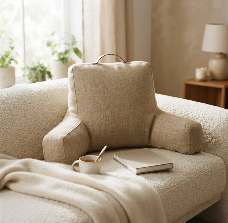 A premium hybrid reading pillow styled on a cream bouclé sofa, soft morning window light, warm minimalist living room, 35mm photography