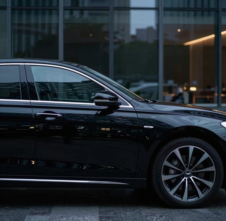 Cinematic side profile of a clean black executive sedan parked in front of modern glass architecture, dramatic evening city lights reflecting on the metallic paint, shallow depth of field, 35mm