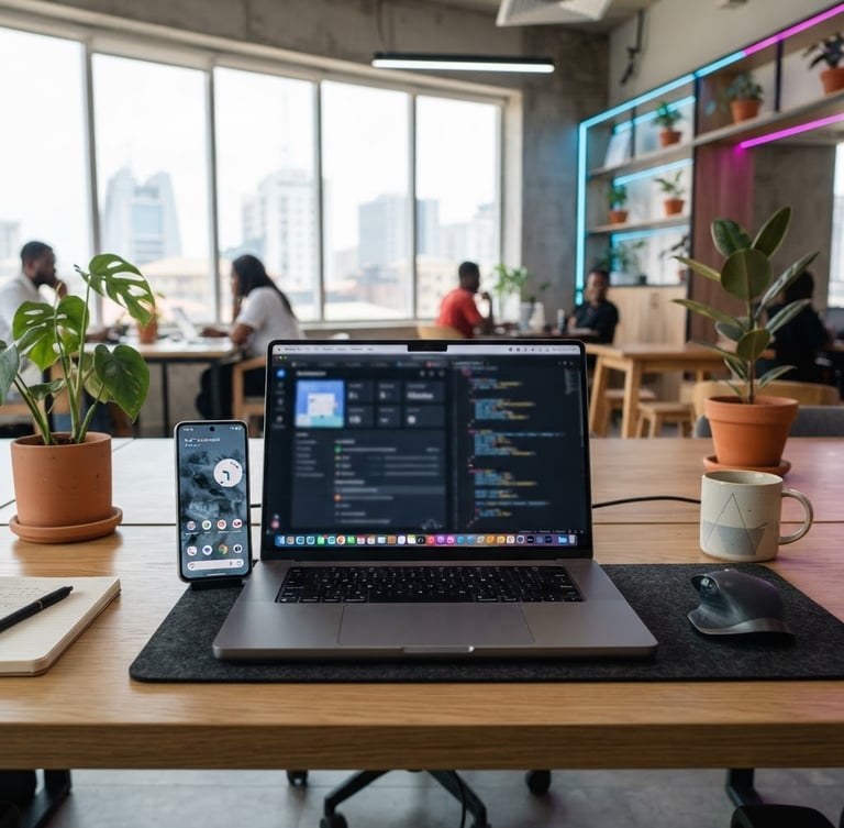 High-fidelity modern laptop and smartphone on a clean desk in a bright, contemporary co-working space in Lagos, subtle blue and magenta neon highlights, eye-level medium shot
