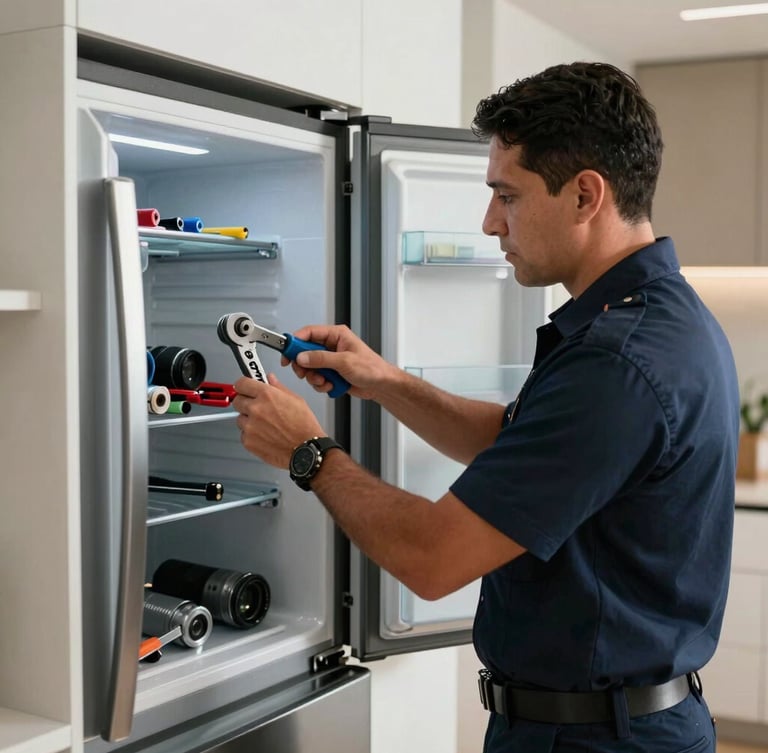 Un técnico colombiano uniformado de manera impecable ajusta con herramientas de precisión el panel interno de un refrigerador de lujo en una cocina moderna iluminada por luz natural.