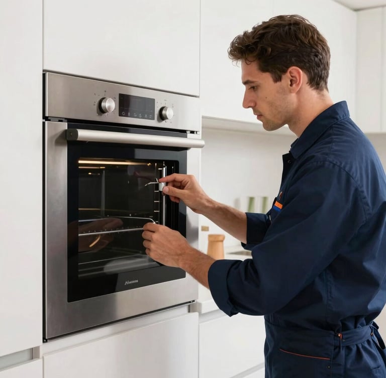 A clean-cut, professional Colombian technician in a neat dark blue uniform inspecting the control panel of a premium built-in oven in a bright, modern Medellín kitchen, daylight.