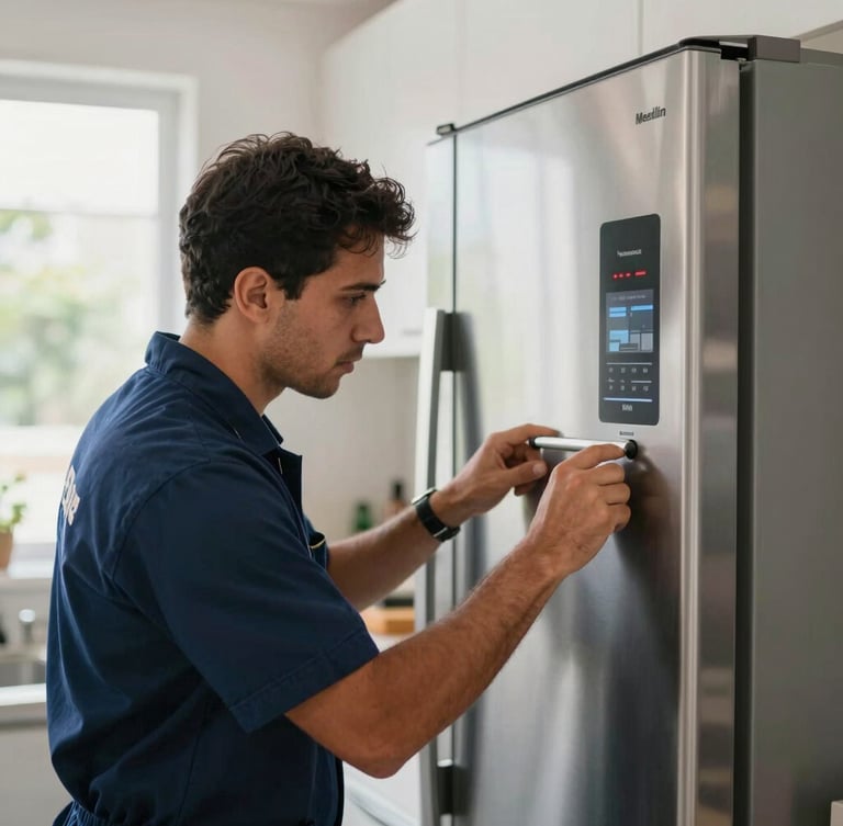 Close-up of a professional Colombian technician in an immaculate navy blue uniform calibrating a premium stainless steel refrigerator in a bright, modern Medellín kitchen, soft natural window light.