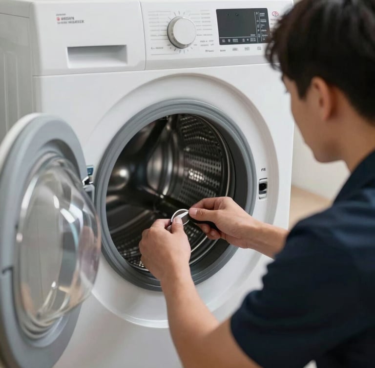 Over-the-shoulder view of a certified technician inspecting the drum of a high-end front-load washing machine, clean laundry room setting, soft professional studio lighting, focused technical work.