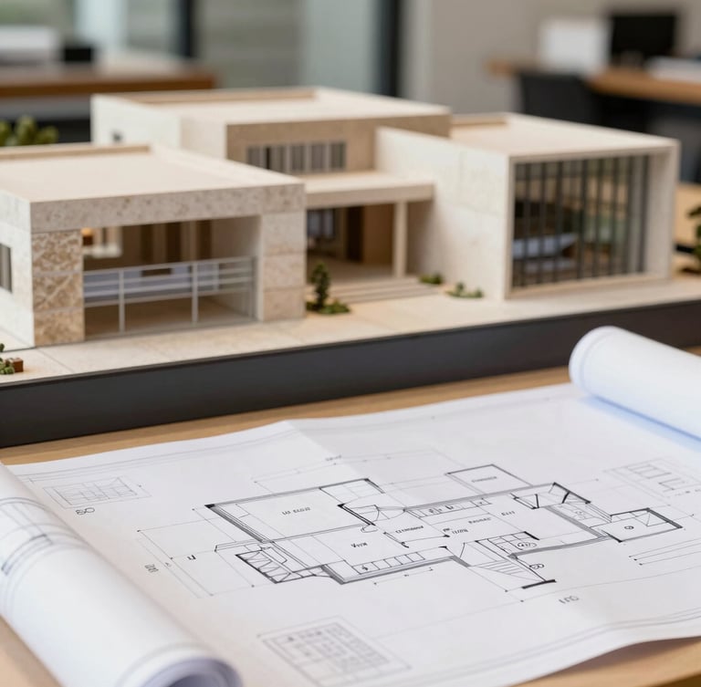 Architect at a drafting table, focused on blueprints, with a blurred background of a modern architectural model. Bright natural Texas daylight, sharp focus, 35mm lens.