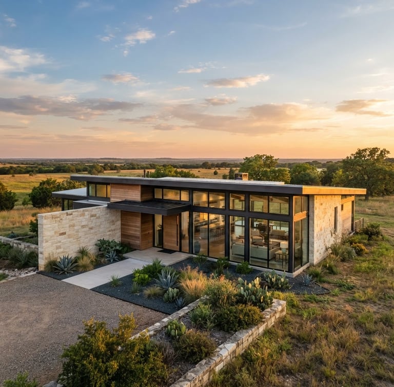 Wide-angle architectural photography of a custom Texas modern home exterior at golden hour, clean lines, raw materials like limestone and steel, bright natural Texas daylight, expansive sky, located in Grayson County, North Texas.