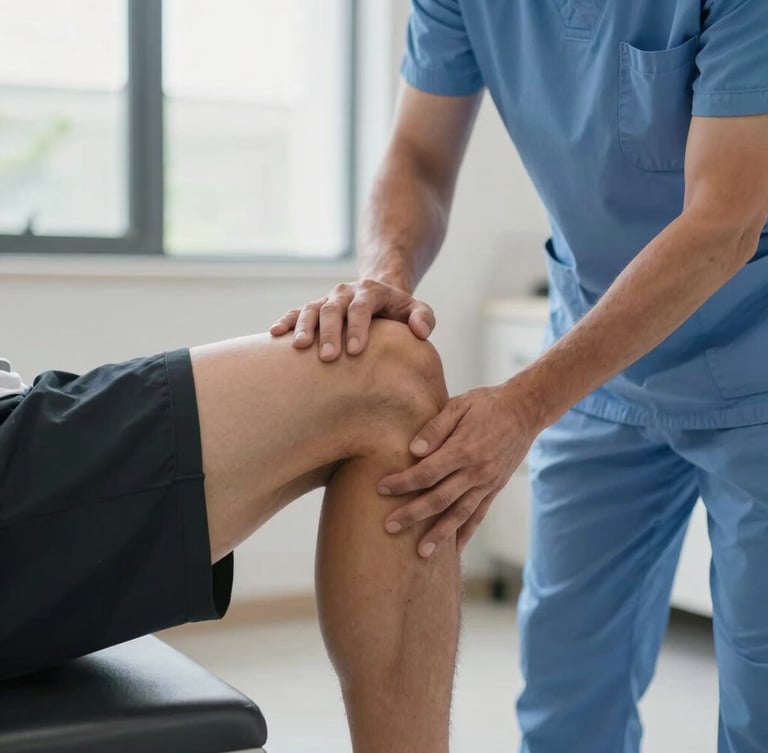 A close-up, mid-shot of a physical therapist in a bright, modern clinic assessing a patient's knee alignment during a controlled step-down exercise, natural window light.