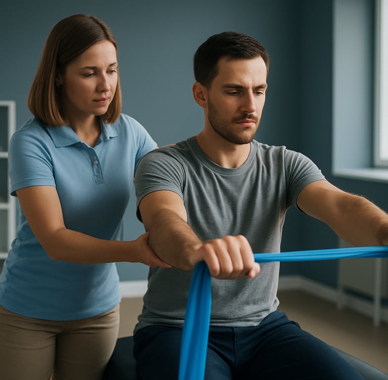 A therapist guiding a patient through a targeted resistance band exercise in a clean, professional rehabilitation space with clinical slate blue accents, bright daylight.