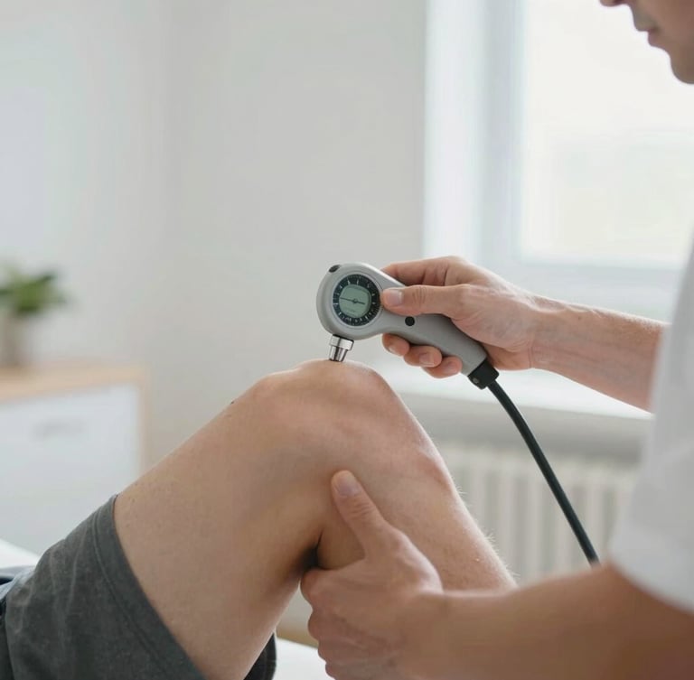 Close-up of a clinical physiotherapist using a goniometer to measure knee joint extension on a patient, bright natural morning light, clean white clinical interior, focusing on precise physical assessment.