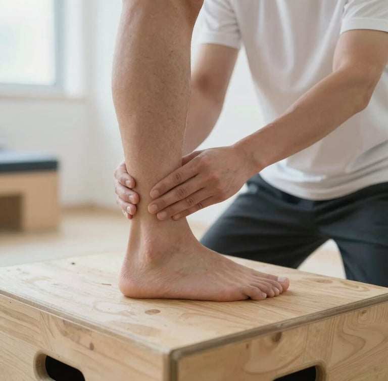 Close-up of a patient's leg performing a step-up on a wooden box under therapist guidance, focusing on ankle and knee alignment, bright natural light, crisp clinical setting.