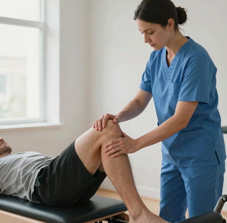 Bright, natural light clinical space. A physiotherapist in a clean slate-blue uniform guides a patient through a precise knee alignment assessment on a modern reformer. Mid-shot, high contrast, clinical environment.