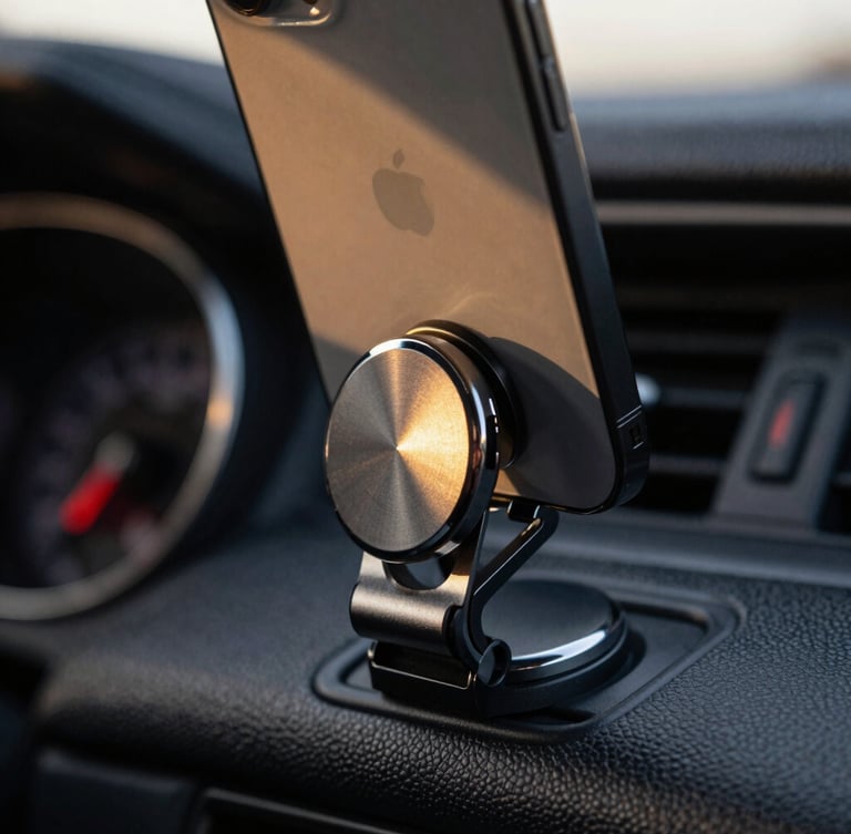 Extreme close-up of a phone snapping onto a sleek magnetic mount on a textured dashboard, soft golden-hour window light reflecting on brushed metal.